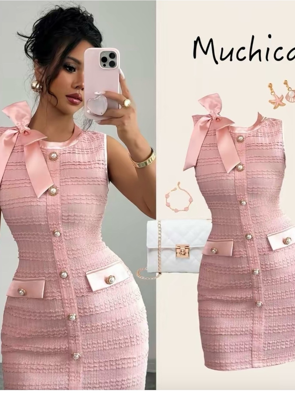 Pink Bow Tweed Sheath Dress